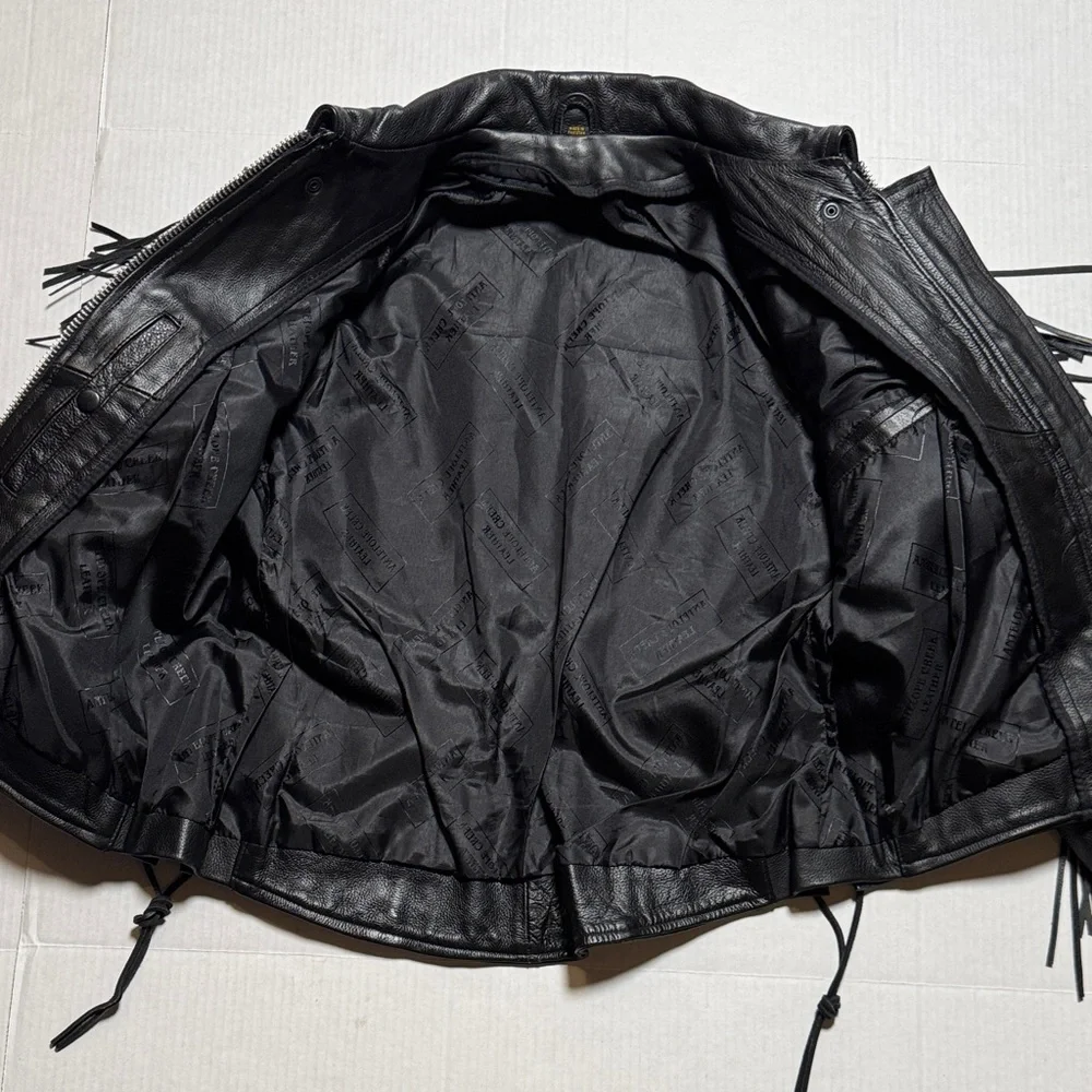 Rose Suede Inlay Black Leather Fringe Braided Moto Biker Jacket High Quality M/L - Picture 10 of 16